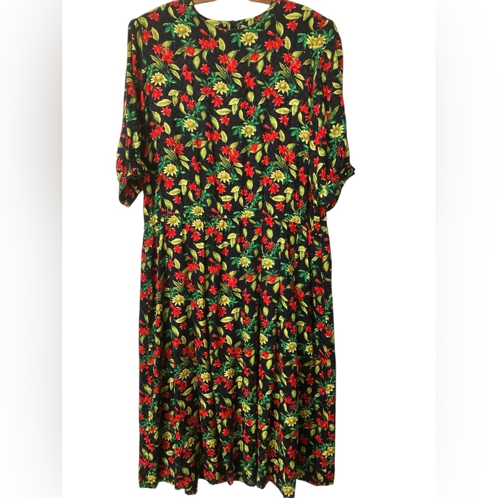 Lihli Vintage Silk Dress Size Xl 80s Modest Flowy Floral